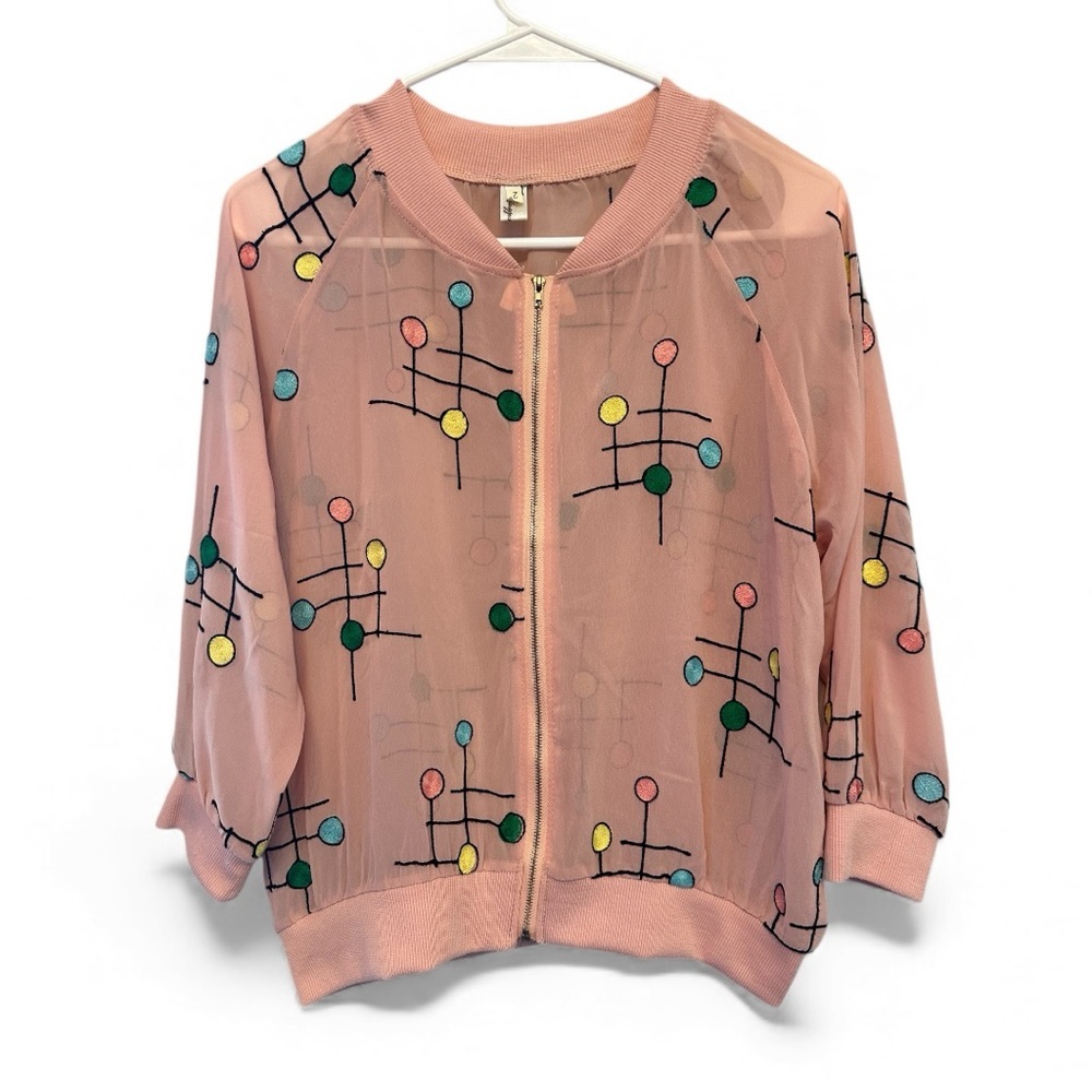 Y2K Early 2000’s Boutique Style Sheer Pink Jacket with Colorful Embroidery Sz 2